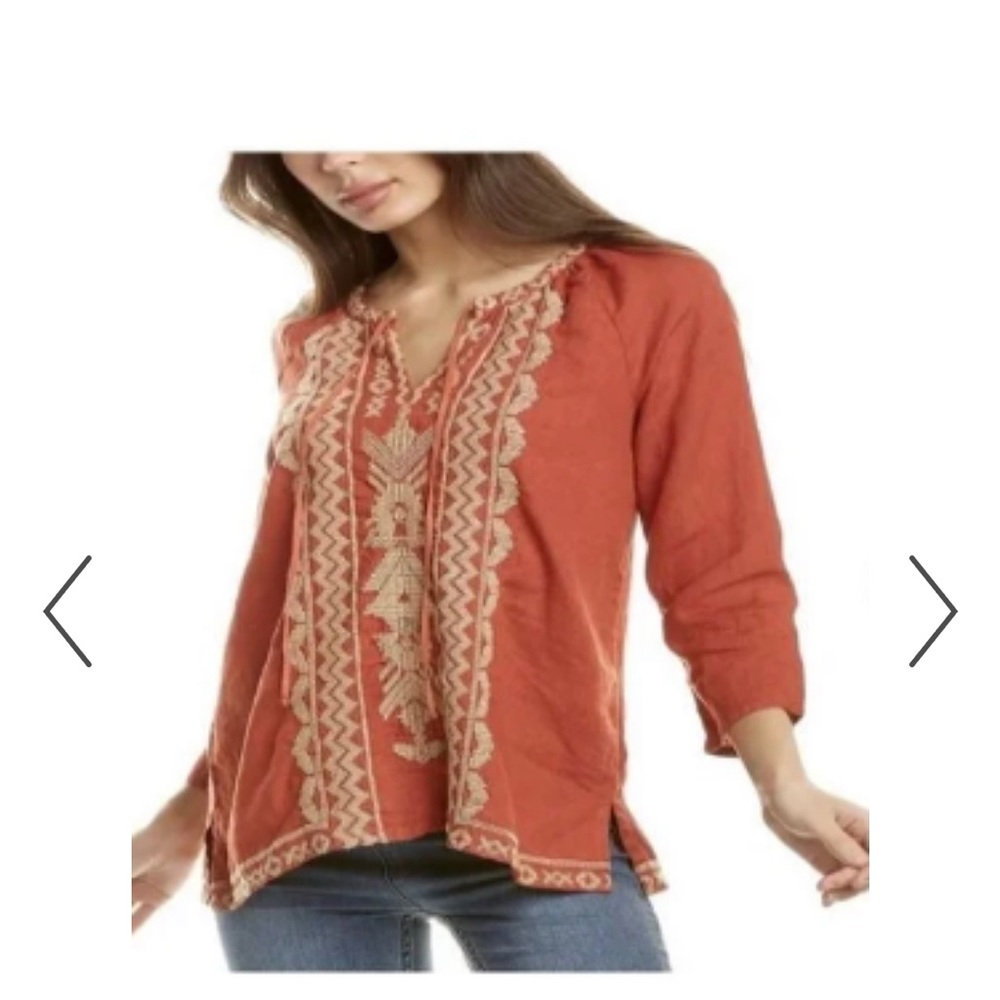 JOHNNY WAS Womens Blouse Embroidered Orange Linen Tunic Shirt size small